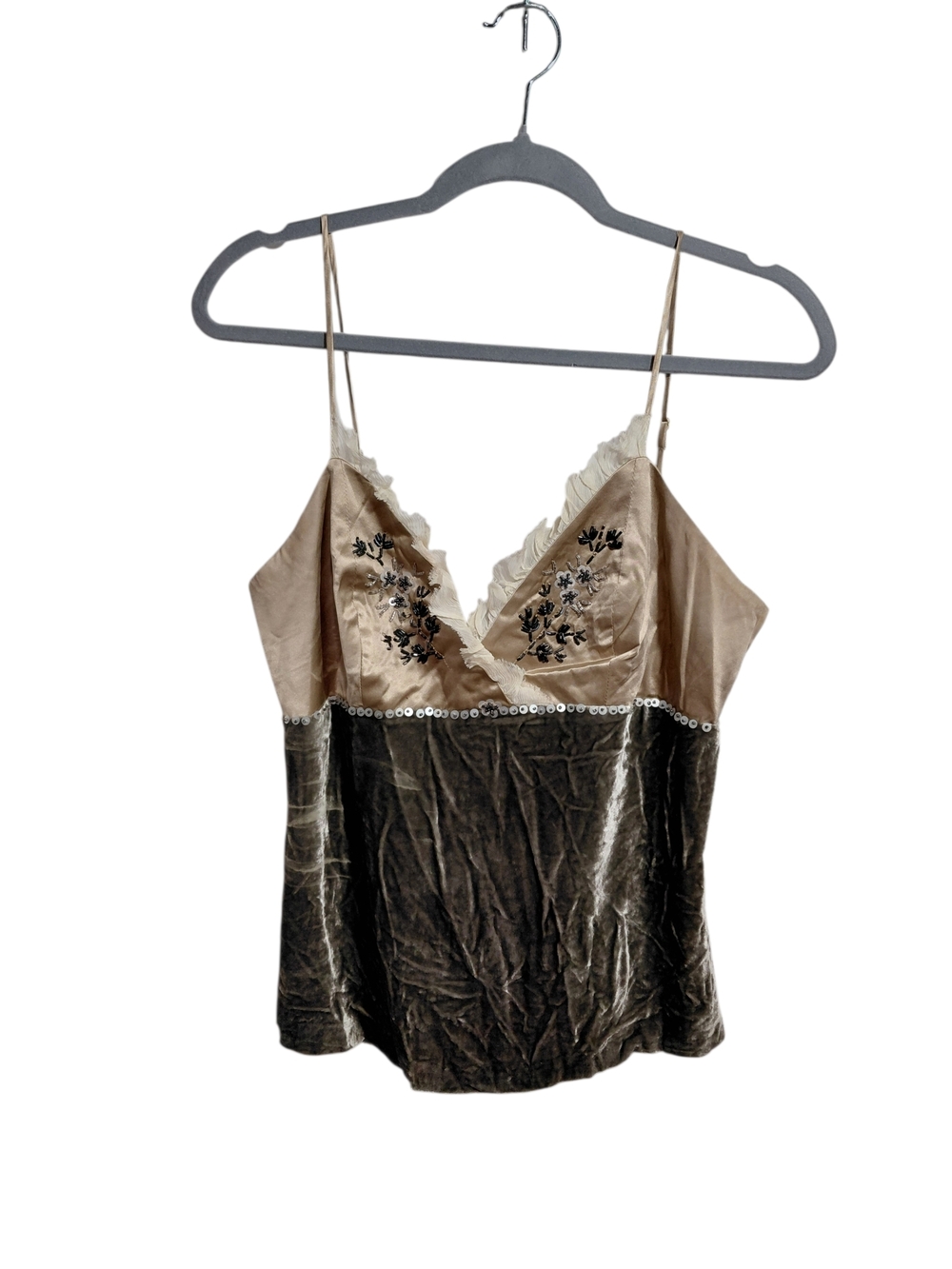 Beige and Brown Velvet-Satin Lace Trim Camisole